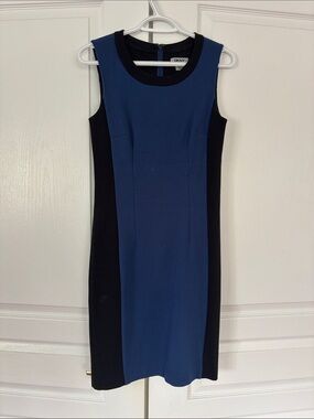 DKNY Blue and Black Sleeveless Midi Sheath Dress